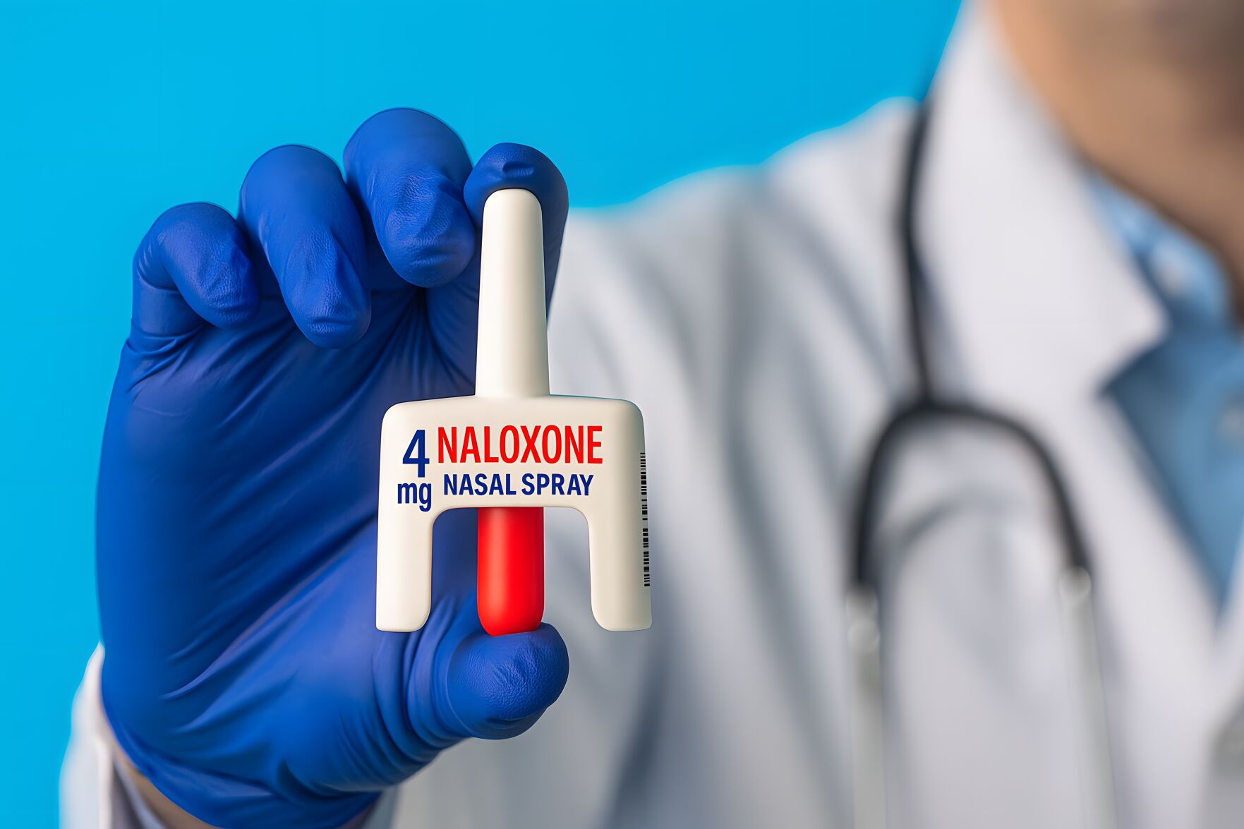 Close-up of a doctor holding a naloxone 4mg nasal spray in gloved hand. Concept of opioid overdose treatment and emergency medication in healthcare.